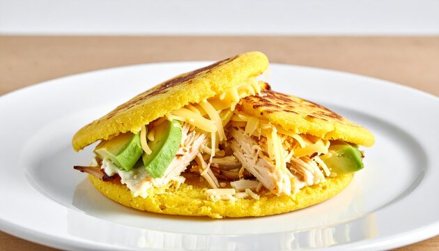 Chicken and avocado arepa. Delicious arepa rellena split and heavily loaded with fresh savory fillings.