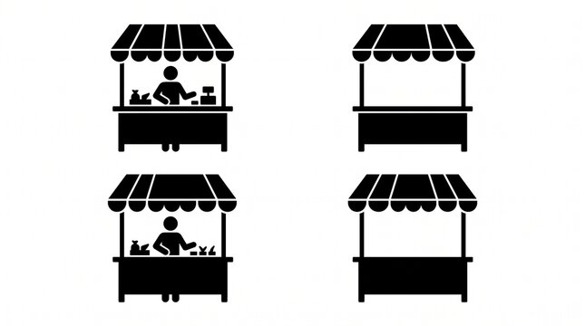 Four black market stall silhouettes showing vendors and empty booths on clean white background.