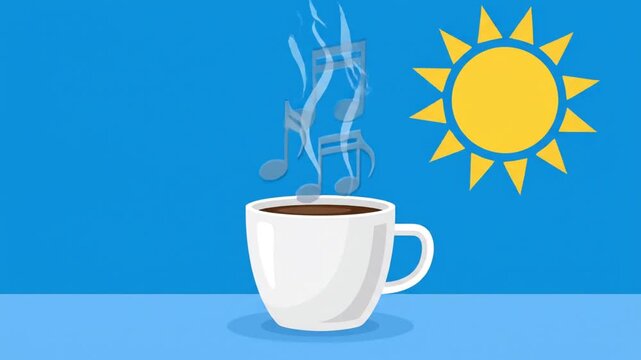 Hot Coffee Cup with Musical Notes and Sun Moon Transition Animation