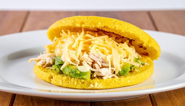 Cheesy stuffed arepa. Authentic yellow corn arepa rellena overflowing with savory meat and grated cheese.