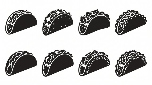 Eight stylized taco silhouettes arranged neatly, showcasing diverse shell and filling designs.
