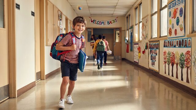 Smiling young school boy wearing patterned shirt and colorful backpack walks through bright building hallway holding blue folder of books