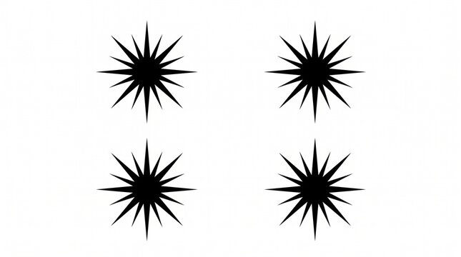 Four black starburst silhouettes radiating spikes, arranged symmetrically on clean white background.
