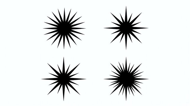 Four black starburst silhouettes radiating spikes, arranged symmetrically on clean white background.