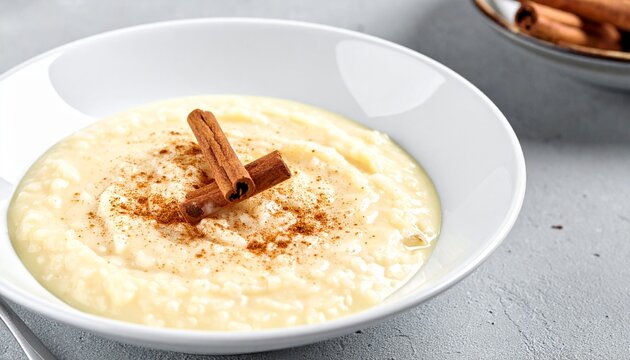 Cinnamon stick rice dessert. Smooth and creamy Arroz con leche in a white bowl, simply but elegantly garnished with ground cinnamon and a classic cinnamon stick.