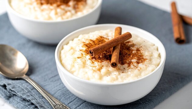 Spiced rice dessert. Creamy Arroz con leche pudding generously garnished with a swirl of cinnamon powder and rustic whole cinnamon sticks.