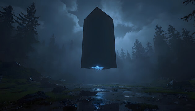 Mysterious Black Monolith Floating Above Glowing Forest Stream
