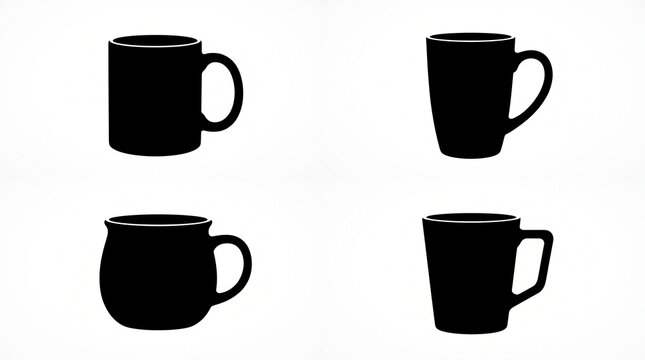 Four black mug silhouettes arranged neatly, showcasing varied shapes and handles on white background.