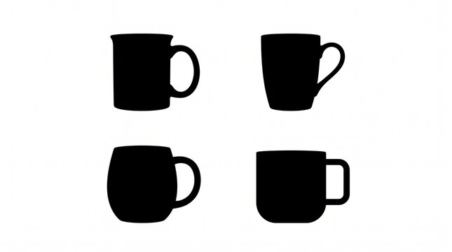 Four black mug silhouettes arranged neatly, showcasing varied shapes and handles on white background.