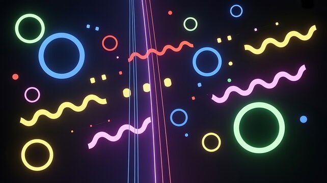 Dynamic neon glowing geometric shapes including circles and waves illuminate a dark background with energy