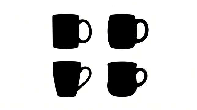Four black mug silhouettes arranged neatly, showcasing varied shapes and handles on white background.