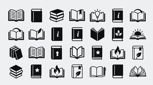 Twenty‑five black‑and‑white book icons with symbols, representing education, creativity, and information.