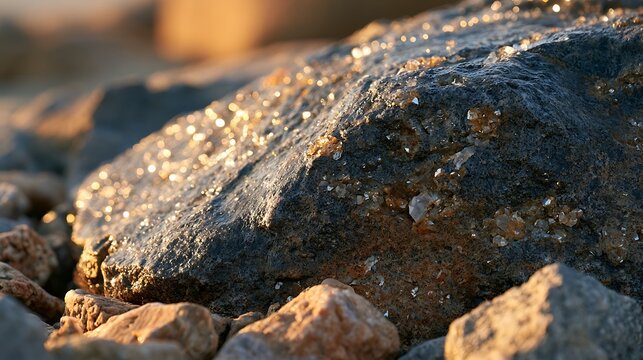 Close-up of wet rocks on a beach at sunset.