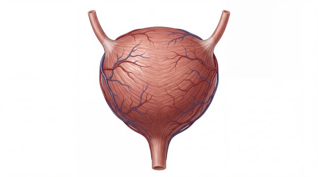 Detailed medical illustration showing human bladder anatomy with vascular veins and connected ureters depicted in high resolution on white background