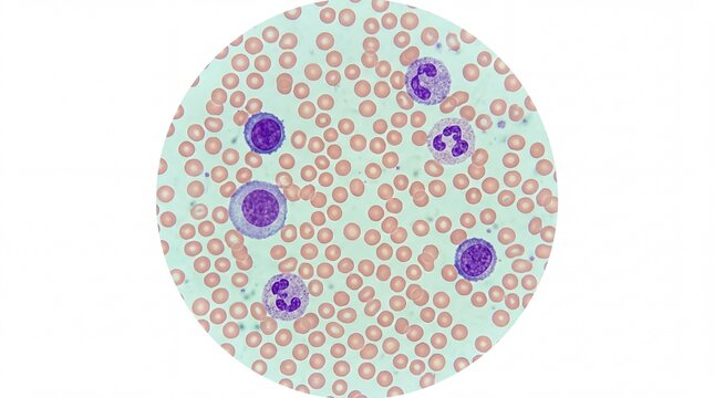 Human blood smear sample viewed under microscope showing red blood cells and various white blood cell types on white background
