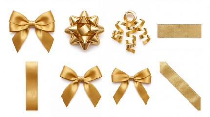 Obraz premium Golden decorative gift ribbons and shiny bows collected for holiday present wrapping displays isolated in studio lighting on white background