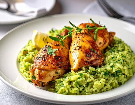 Savory chicken rice. Delicious Arroz con pollo with roasted chicken pieces, savory green rice, and a lemon wedge for a perfect comforting meal.