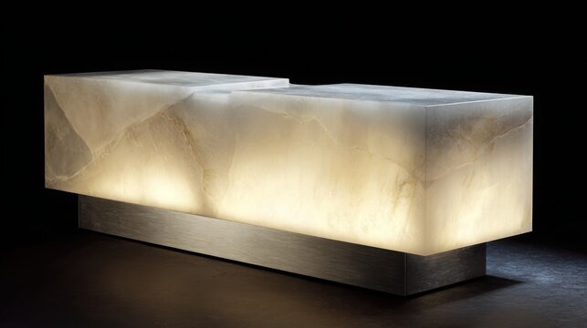 Contemporary console crafted from glowing alabaster stone with brushed aluminum structure, elegant futuristic luxury furniture, refined material