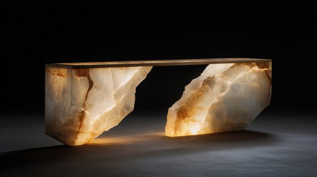 Contemporary console crafted from glowing alabaster stone with brushed aluminum structure, elegant futuristic luxury furniture, refined material
