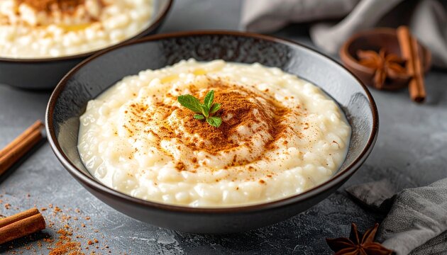 Creamy sweet rice. Traditional Arroz doce pudding served in a dark bowl, sprinkled with cinnamon and topped with fresh mint for a cozy dessert.