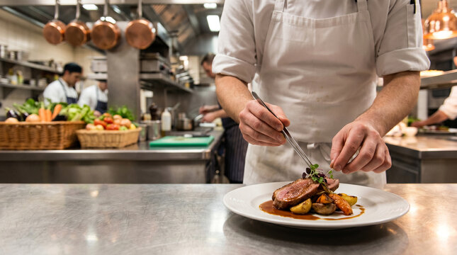 Professional chef plates gourmet dish in modern restaurant kitchen, showcasing fine dining, culinary craftsmanship, food preparation and premium gastronomy in professional kitchen setting.