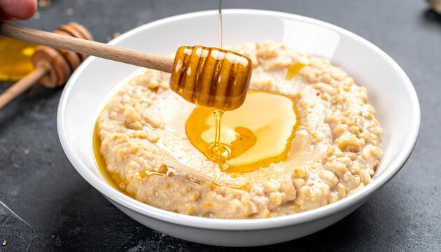 Traditional creamy aseed dish featuring a melted butter pool, being sweetened by golden honey from a wooden dipper.