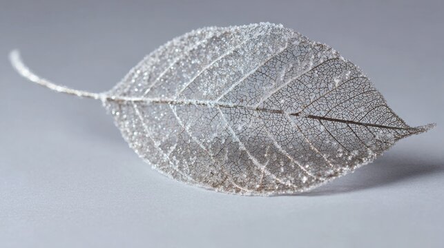 Delicate skeleton leaf coated with shimmering silver frost crystals against a soft gray background, refined winter botanical elegance, hyper