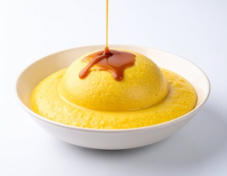 Traditional arabic assida pudding resting in a smooth porridge base, beautifully drizzled with pouring dark sweet syrup.