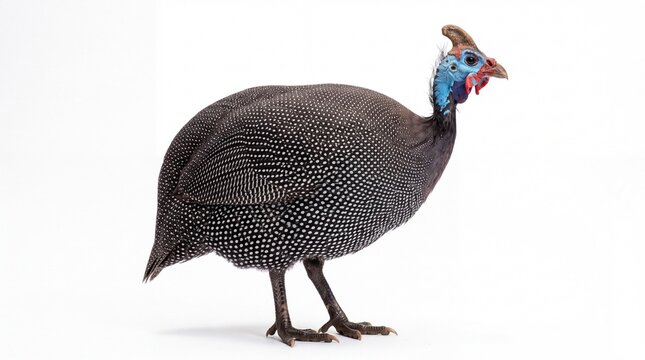 Helmeted guineafowl with distinct spotted black plumage and blue head standing side profile captured in high resolution on white background