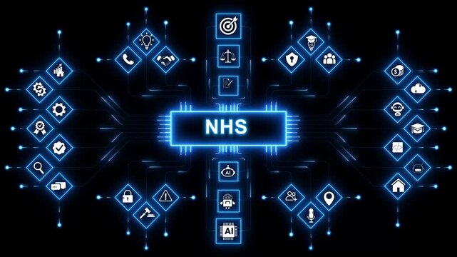 NHS, National Health Service. Concept with keywords, letters and icons. with neon toolbox any item use for animation. Concept with technology background 4K motion video.