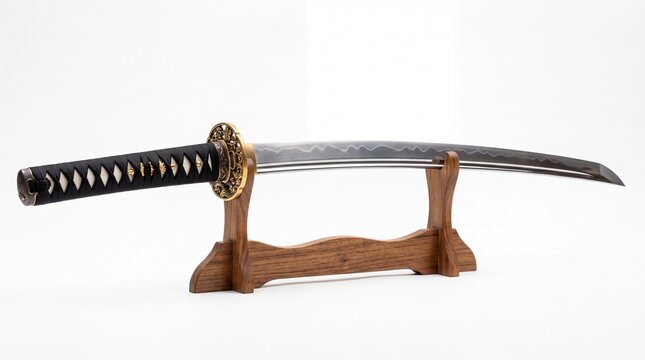 Traditional Japanese katana sword with sharp steel blade and ornate gold guard resting on dark wooden display stand on white background