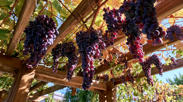 A Medium Shot Looking Up Through a Rustic Wooden Trellis Loaded with Hanging Clusters of Ripe Purple Grapes in a Vineyard