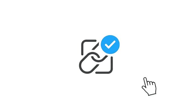a hand clicks a link icon appearing inside a box frame with a blue checkmark animation confirming