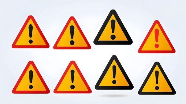 Warning triangle icon set illustration, red yellow and black exclamation caution signs for hazard alert, safety notice, risk prevention, emergency symbol. Warning and alert icon collection. 