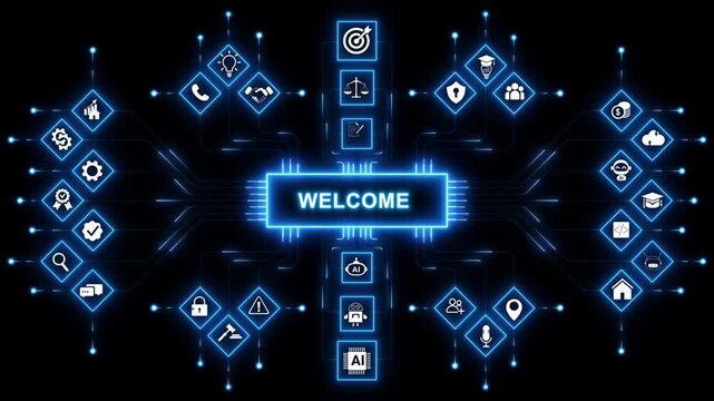 WELCOME. Concept with keywords, letters, and icons. Colored flat vector illustration. with neon toolbox any item use for animation. Concept with technology background 4K motion video.