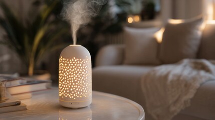 Obraz premium Elegant ceramic aroma diffuser releasing delicate illuminated mist, cozy luxury living room background, wellness and relaxation technology concept