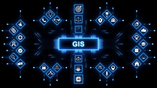 GIS Software Concept, Geographic Information System. Vector illustration on blue background. with neon toolbox any item use for animation. Concept with technology background 4K motion video.