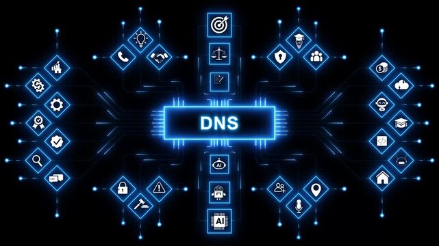DNS concept, Domain Name System. Decentralized naming system for computers. with neon toolbox any item use for animation. Concept with technology background 4K motion video.