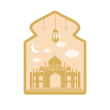 Golden mosque with crescent moon and lantern vector illustration