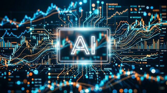 Artificial intelligence concept featuring a glowing digital ai text overlay surrounded by complex financial data charts and network connections