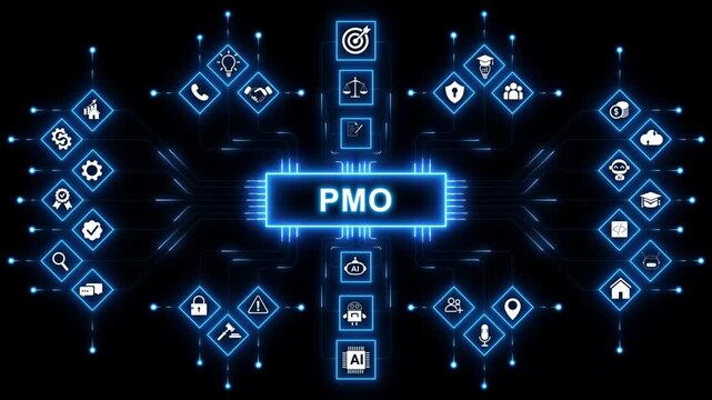 PMO, Program Management Office. Concept with keywords, people and icons. with neon toolbox any item use for animation. Concept with technology background 4K motion video.