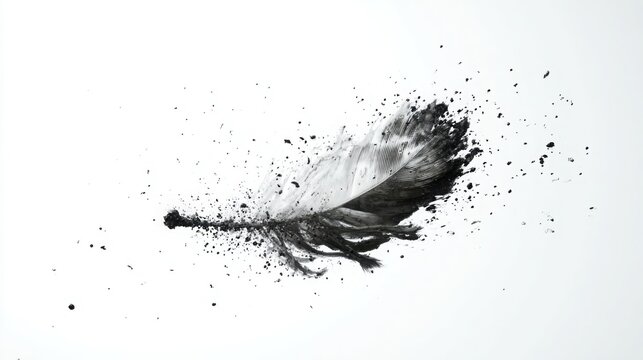 Elegant white feather dissolving into flowing black ink particles across a clean white background, minimalist conceptual artwork, creativity
