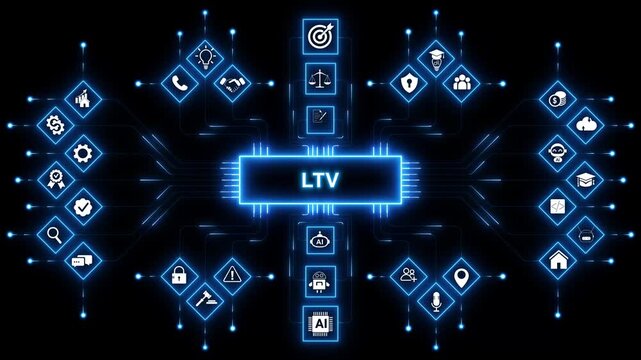 LTV, Lifetime Value or Loan to Value. Concept with keywords, people and icons. with neon toolbox any item use for animation. Concept with technology background 4K motion video.