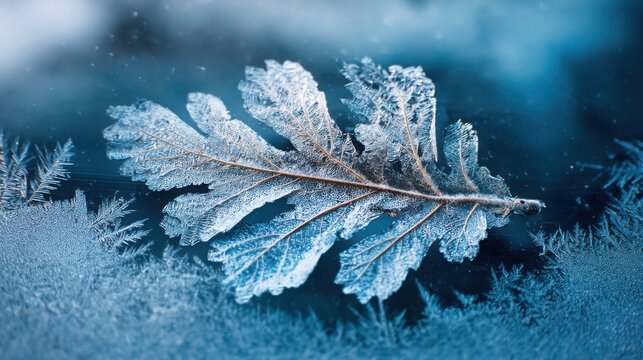 Extreme close up of a single oak leaf sealed beneath crystal clear ice with intricate frost patterns radiating outward, cool blue winter tones, hyper