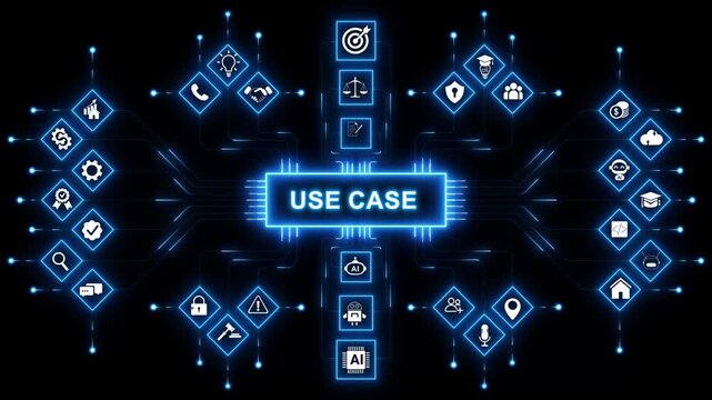 USE CASE. Concept with people, letters and icons. with neon toolbox any item use for animation. Concept with technology background 4K motion video.