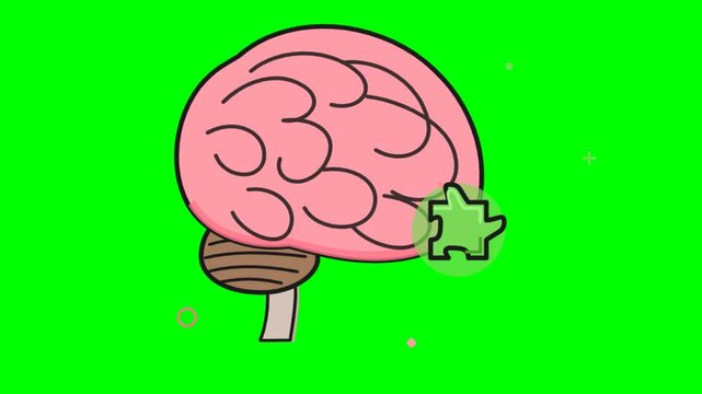 Illustration of a pink human brain with a green puzzle piece fitting into a missing gap representing cognitive problem solving