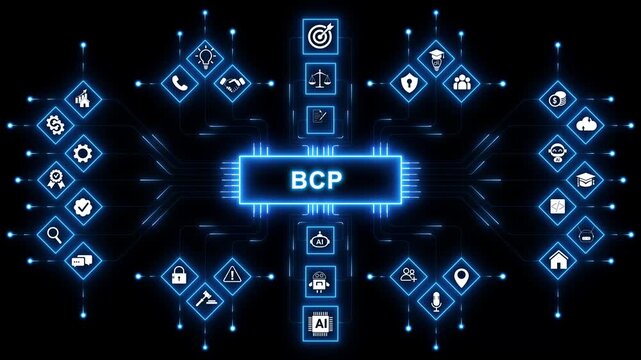 BCP, Business Continuity Plan. Concept with keywords, people and icons. with neon toolbox any item use for animation. Concept with technology background 4K motion video.