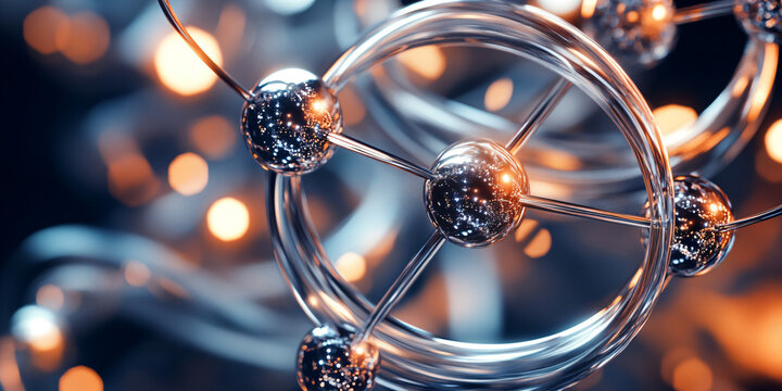 Futuristic microscopic atomic structure with glowing shiny metallic spheres and orbital rings for science and technology concepts