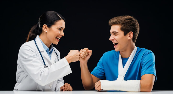 A friendly female doctor fist bumping a young male patient with a broken arm in a cast, demonstrating positive healthcare and recovery support.