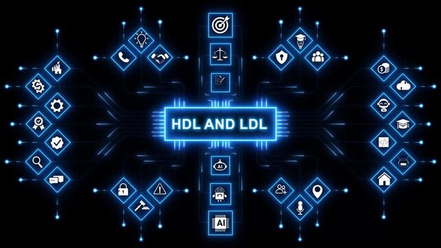 HDL and LDL banner ideas. Concept with keywords, letters, food, and icons. with neon toolbox any item use for animation. Concept with technology background 4K motion video.